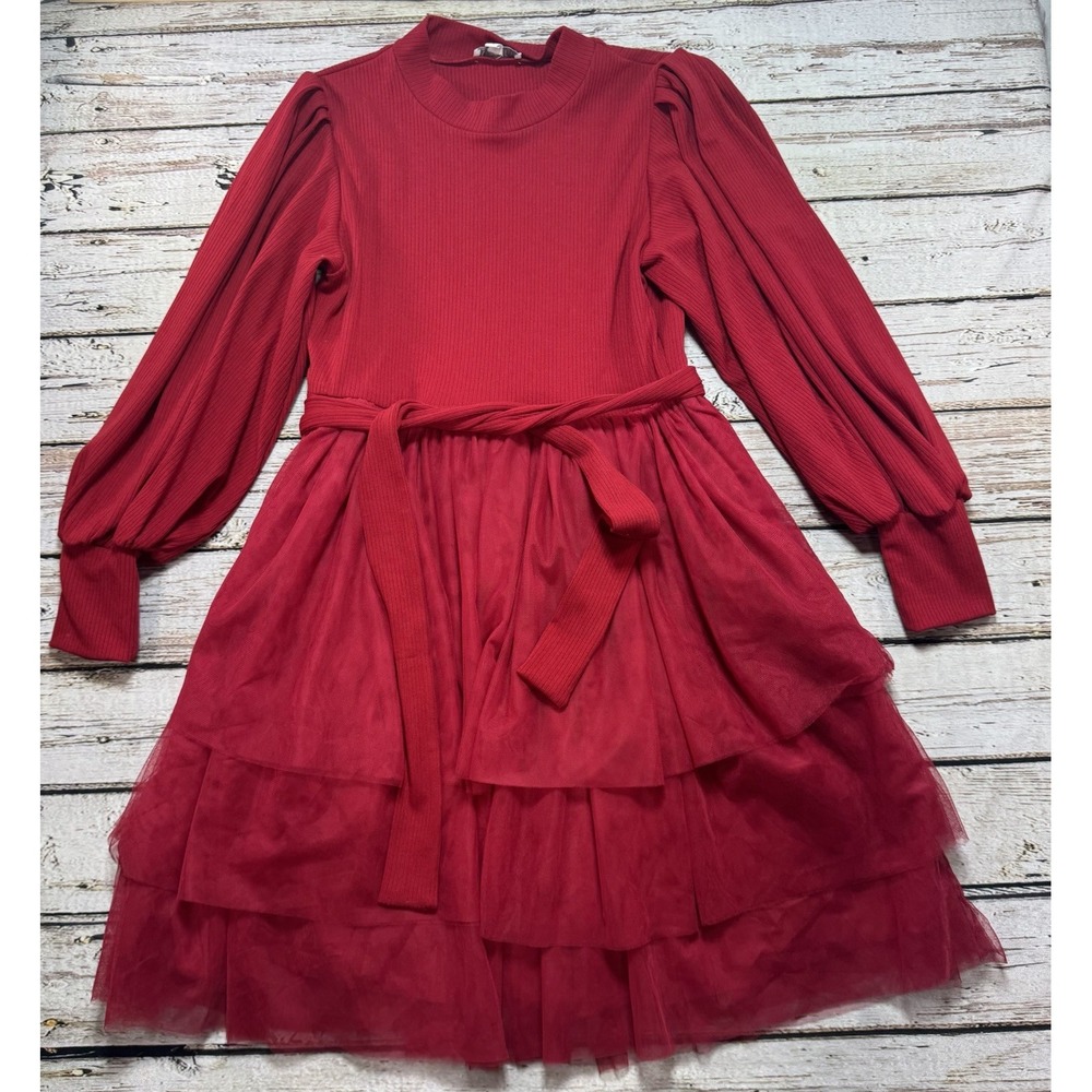 Ivy City Co Cosette Ribbed Long Sleeve Midi Dress Tulle Skirt Red Size Large
